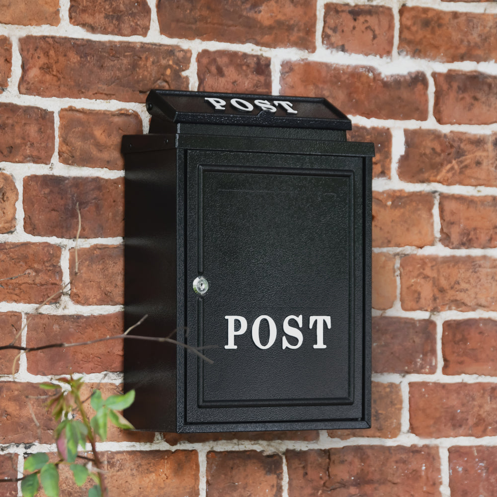 "Norfolk" Black Wall Mounted Post Box With White Text – English Lamp Posts