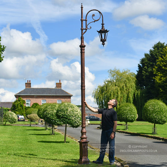 3.1m Antique Copper Gothic Swan Neck Victorian Lamp Post Scale Shot