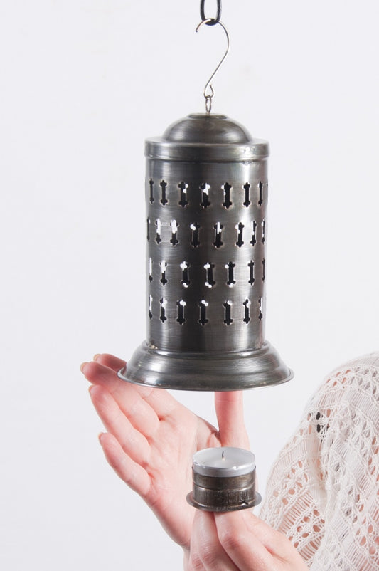 7" Antique Silver Etched Hanging Candle Lantern