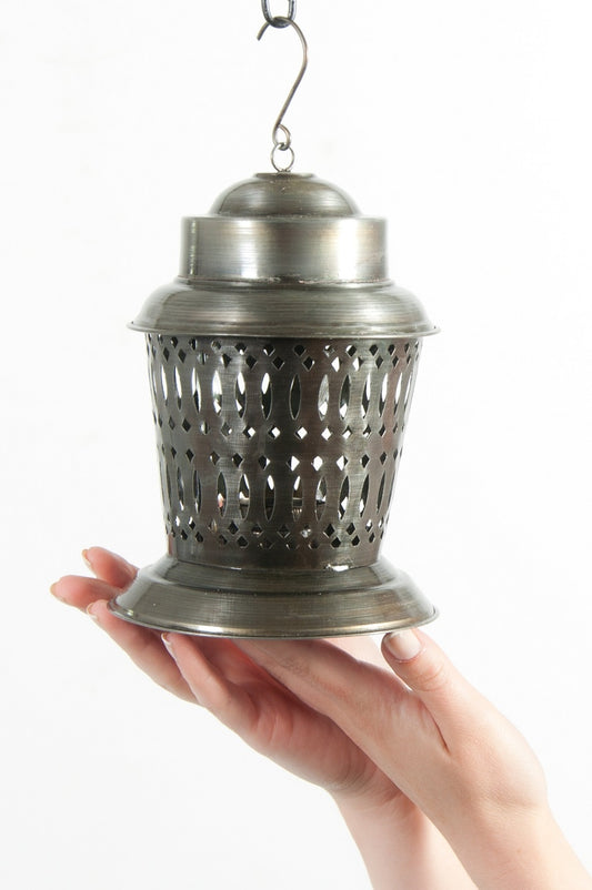 Large Antique Silver Etched Hanging Candle Lantern