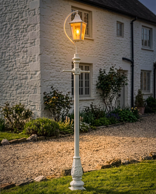 Large Swan Neck Lamp Post in White Digital Illustration At Night