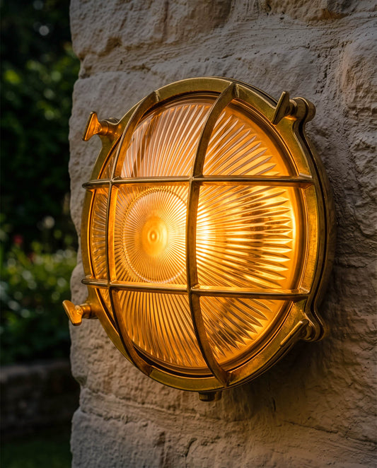 'Windermere' Antique Brass Nautical Outdoor Wall Light Digital Illustration At Night