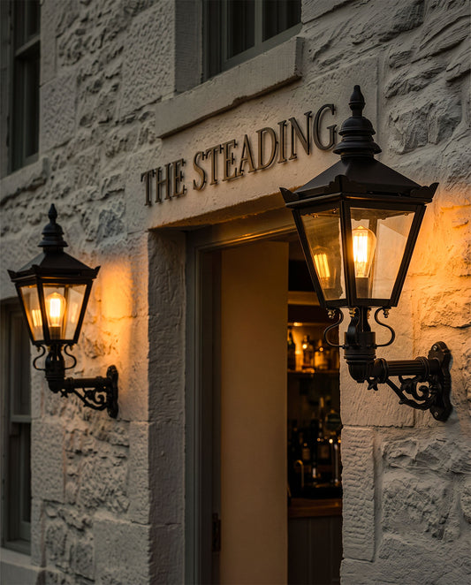 Pair of Black 'Kensington' Pub Wall Lantern Digital Illustration At Night