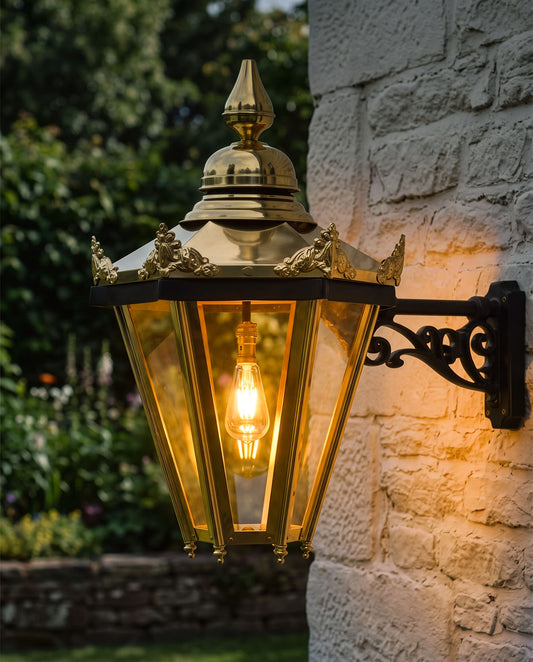 'Horwood' Brass Hexagonal Lantern With Bracket Digital Illustration At Night