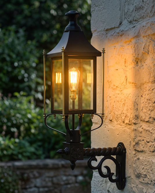 Black and Brass "Rochford" Victorian Garden Wall Light At Night