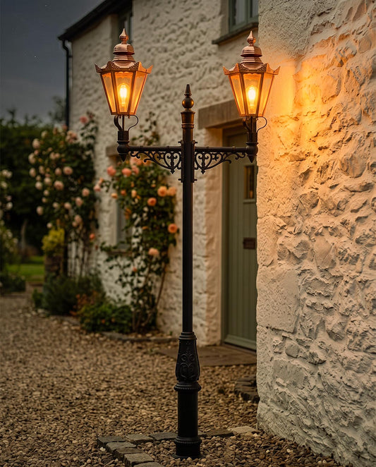 The "Arbington" Extra Large Copper Hexagonal Double Head Lamp Post Digital Illustration At Night