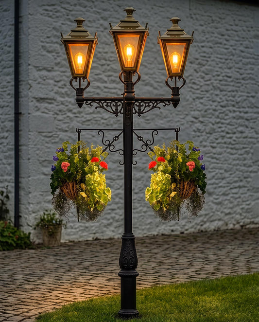 Triple Headed Traditional Lamp Post with Hanging Baskets Digital Illustration At Night