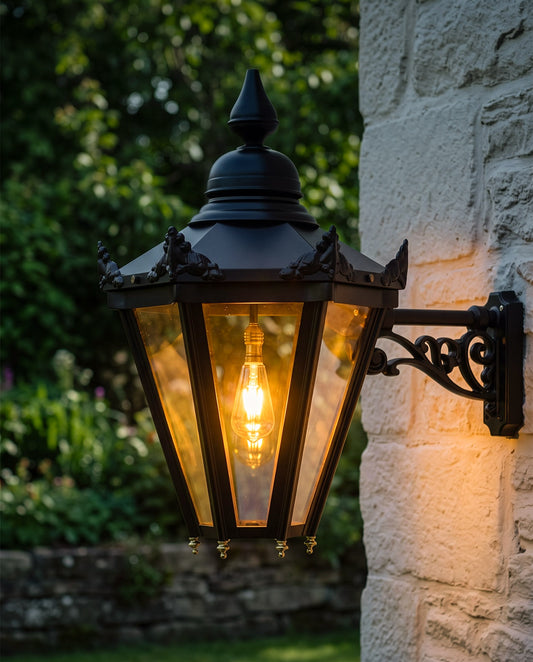 'HORWOOD' BLACK HEXAGONAL LANTERN WITH BRACKET Digital Illustration At Night