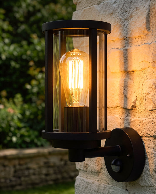 'CANWICK' BLACK CONTEMPORARY OUTDOOR WALL LIGHT WITH MOTION SENSOR Digital Illustration At Night