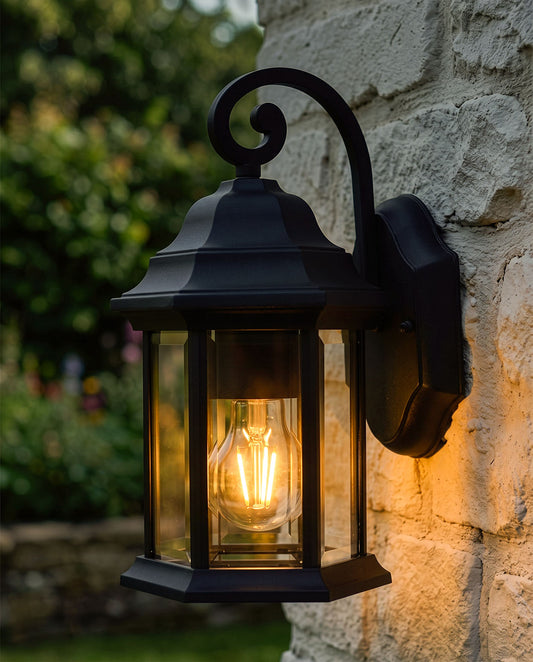 'GUILDHOUSE' TRADITIONAL BLACK ORNATE TOP FIX WALL LANTERN At Night