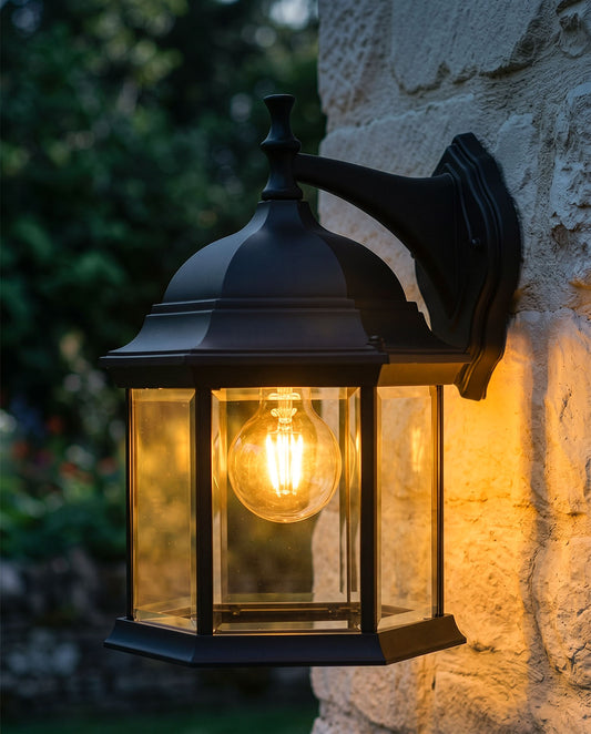 TRADITIONAL BLACK VICTORIAN TOP-FIX WALL LANTERN - 36CM X 25CM Digital Illustration At Night