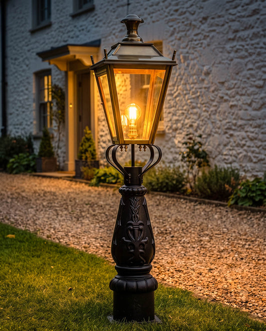 Antique Brass 'Dorchester' Path or Driveway Light Digital Illustration At Night