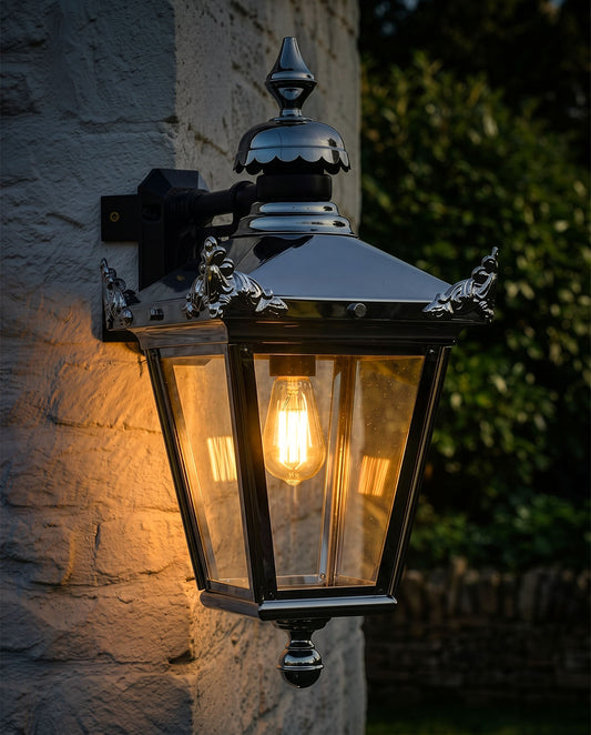 CHROME TOP FIX WALL LANTERN WITH CORNER MOUNT BRACKET Digital Illustration At Night