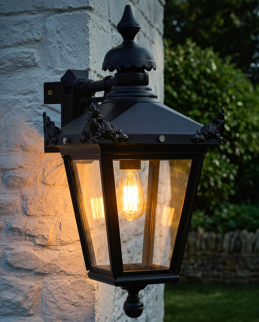 LARGE BLACK TOP FIX WALL LANTERN WITH CORNER MOUNT BRACKET Digital Illustration