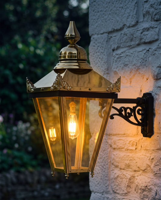 'HALTON' VICTORIAN BRASS SQUARE WALL LIGHT At Night
