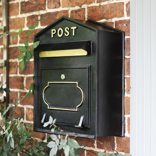 Black and Gold "Crosemere" Wall Mounted Cast Iron Post Box