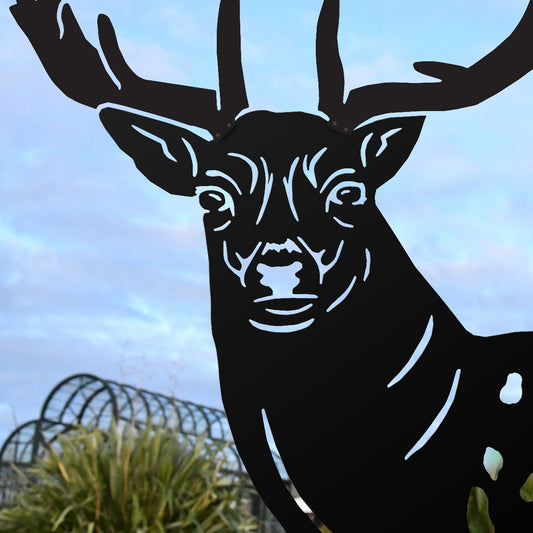Close Up Of Fallow Stag Garden Sheet Steel Silhouette In Black