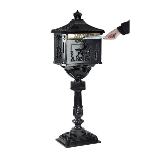 "Huntley" Black Freestanding Post Box On Stand to Scale
