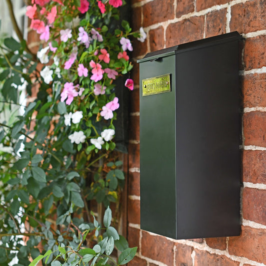 Side view of large 'Redhill' Black Newspaper Box with Brass Plaque