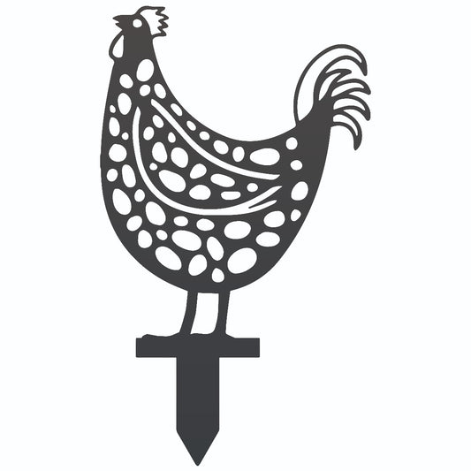 Patterned Rooster Garden Sheet Steel Spike Sculpture In Black