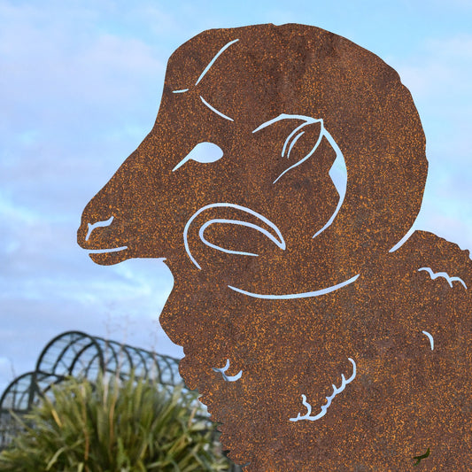Close Up Of Large Ram Garden Sheet Steel Silhouette In Rustic