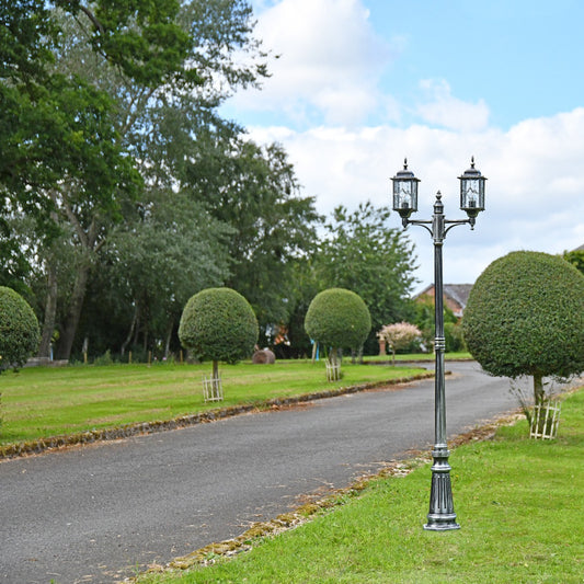 Antique Black and Silver Double Headed Garden Lamp Post Installed On Driveway