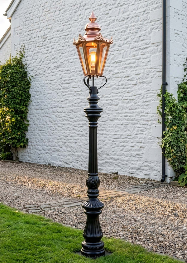 Ornate Lamp Post with Hexagonal Copper Lantern