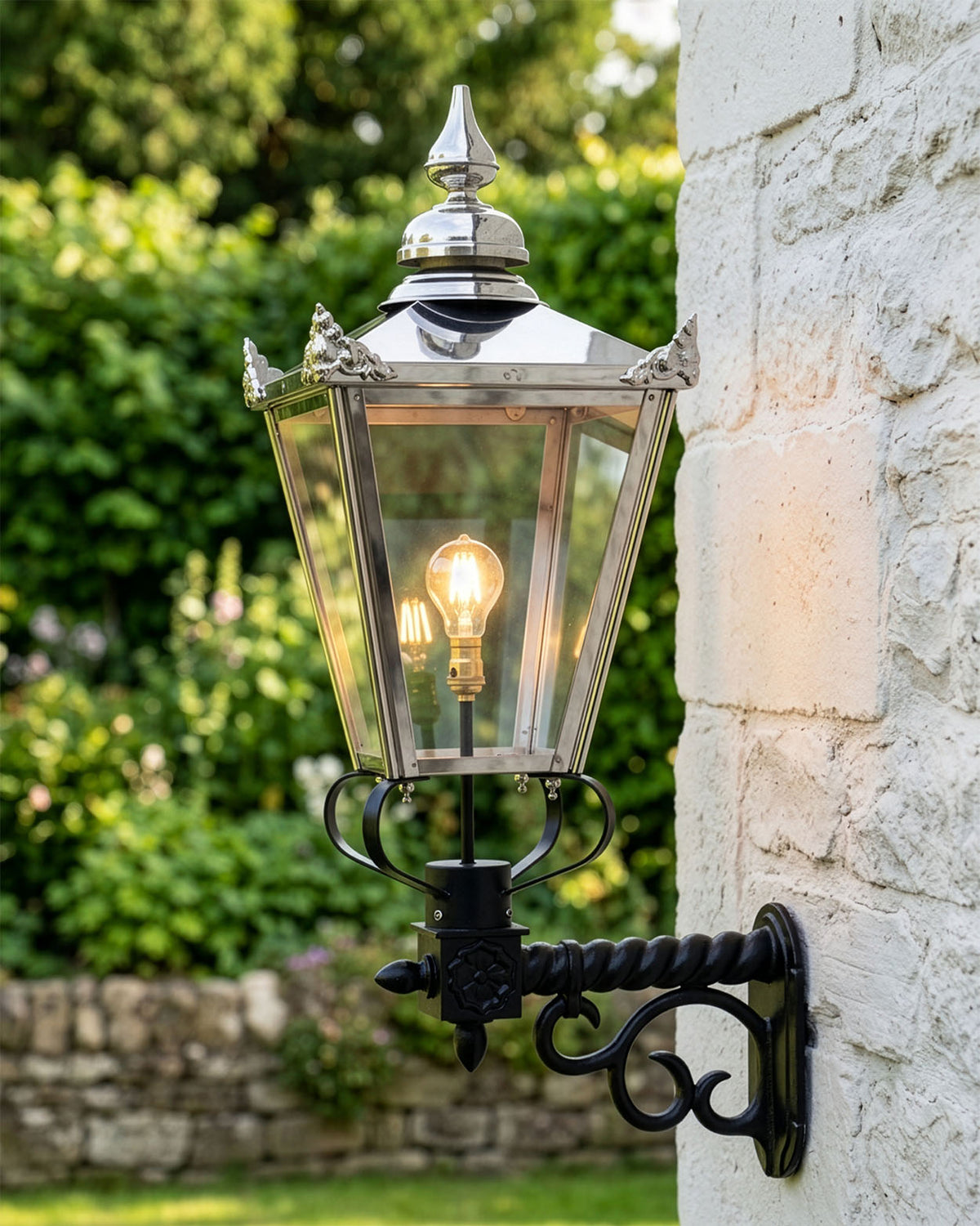 Polished Nickel Lantern and Royale Bracket Lighting Set Digital Illustration