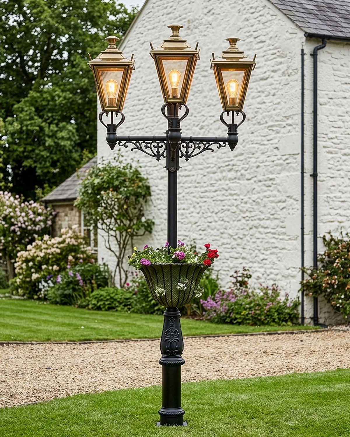 Triple Headed 'Dorchester' Lamp Post with Flower Basket Digital Illustration