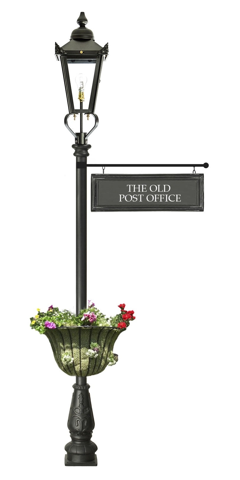 2.3m Black Garden Lamp Post With Hanging Sign and Planter