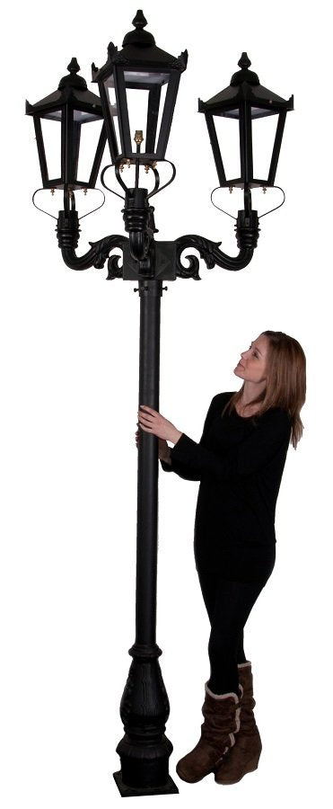 Life size scale of Black Victorian Lantern and Lamp Post Deluxe Triple Head Design