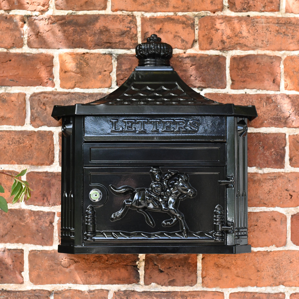 Head on view of the the "Huntley" black post box