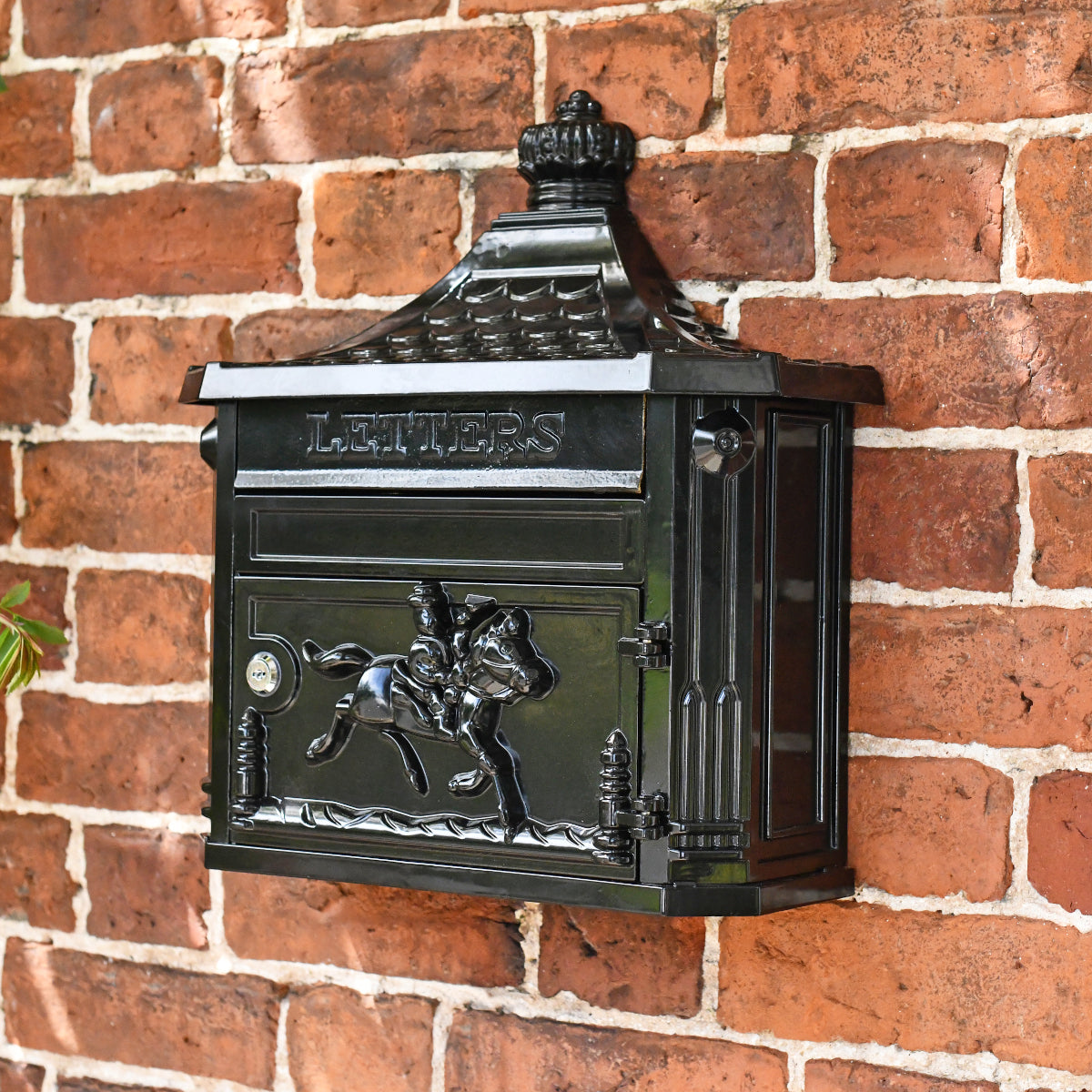 Three quarter angle of the horse inspired post box