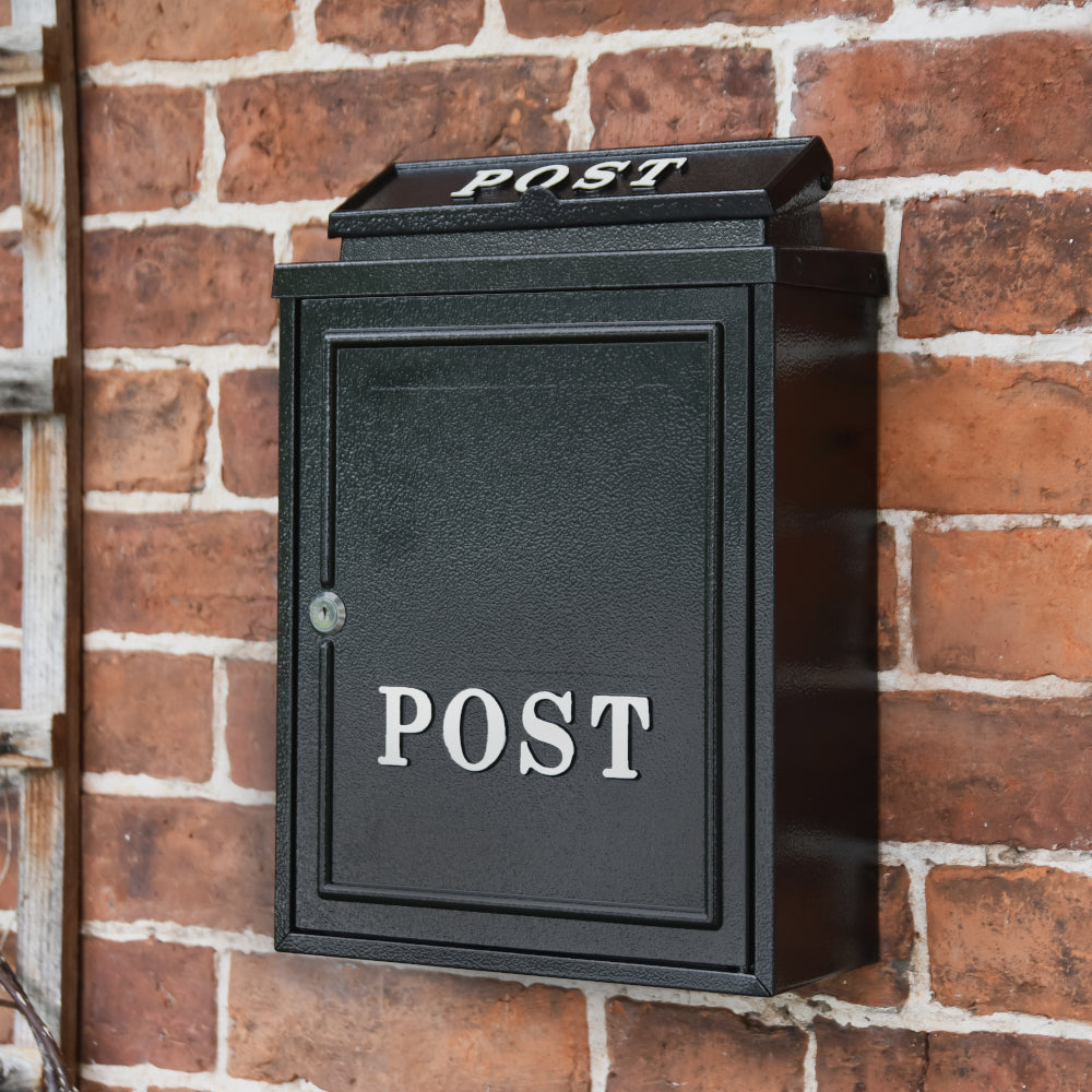 Angled view of the "Norfolk" black and white post box
