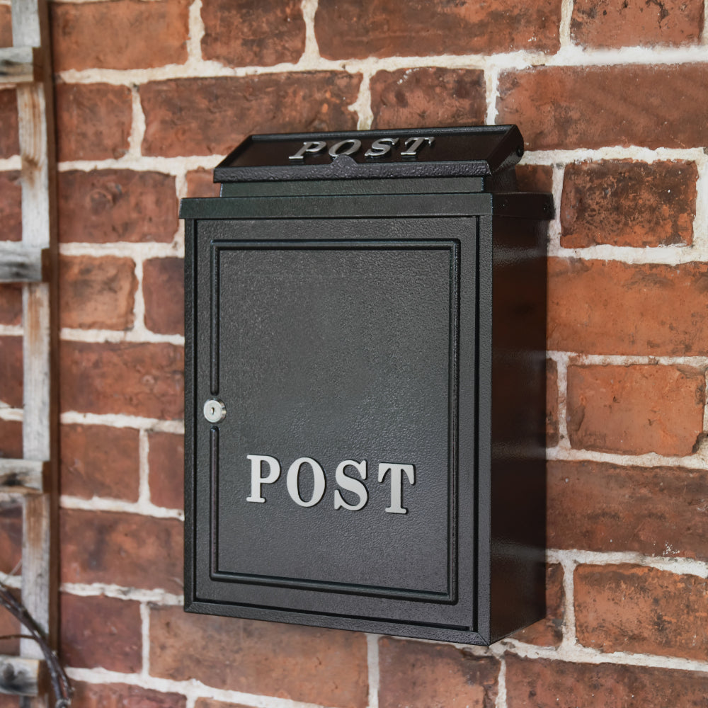 "Norfolk" Wall Mounted Post Box in a Black Finish With Silver Text