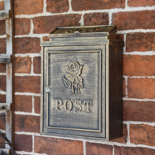"Norfolk Rose" Antique Brushed Gold Wall Mounted Post Box - thumbnail