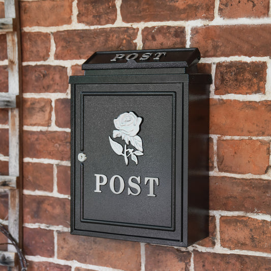 "Norfolk Rose" Black Wall Mounted Post Box With Silver Rose