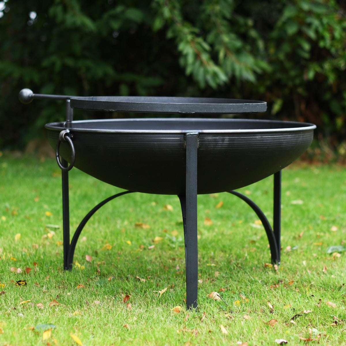 Side view of the Fire Bowl with Swing Arm and Barbecue Rack 
