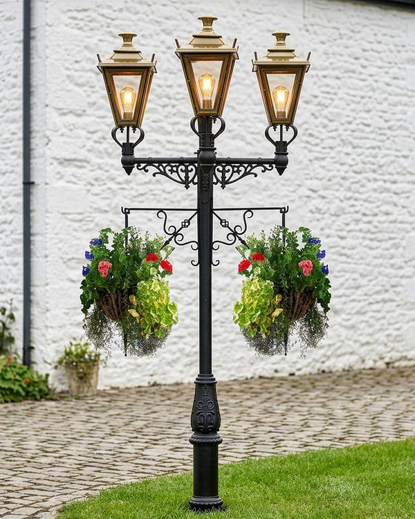 Triple Headed Traditional Lamp Post with Hanging Baskets
