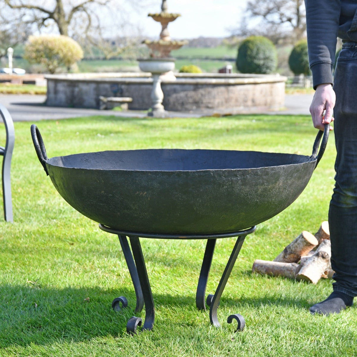 80cm Kadai Fire Bowl with Stand and Male for Scale 