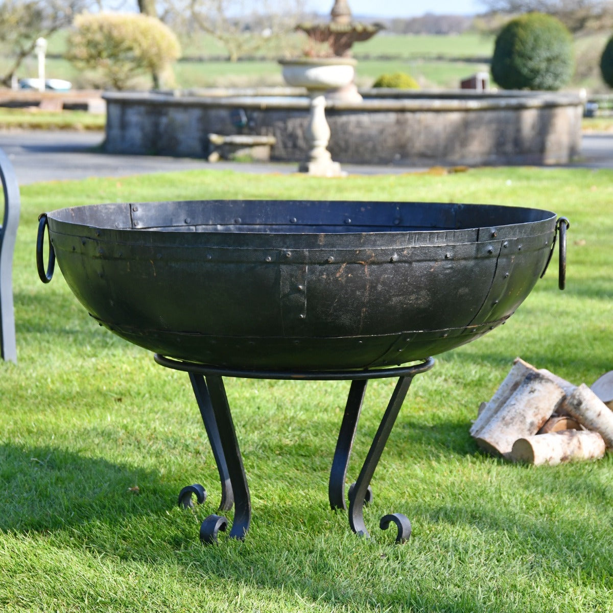 80cm Iron Kadai Fire Bowl with Stand in Garden 