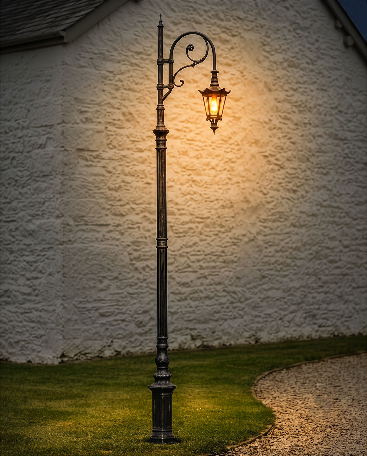 3.5m Antique Silver Gothic Swan Neck Lamp Post Digital Illustration At Night 