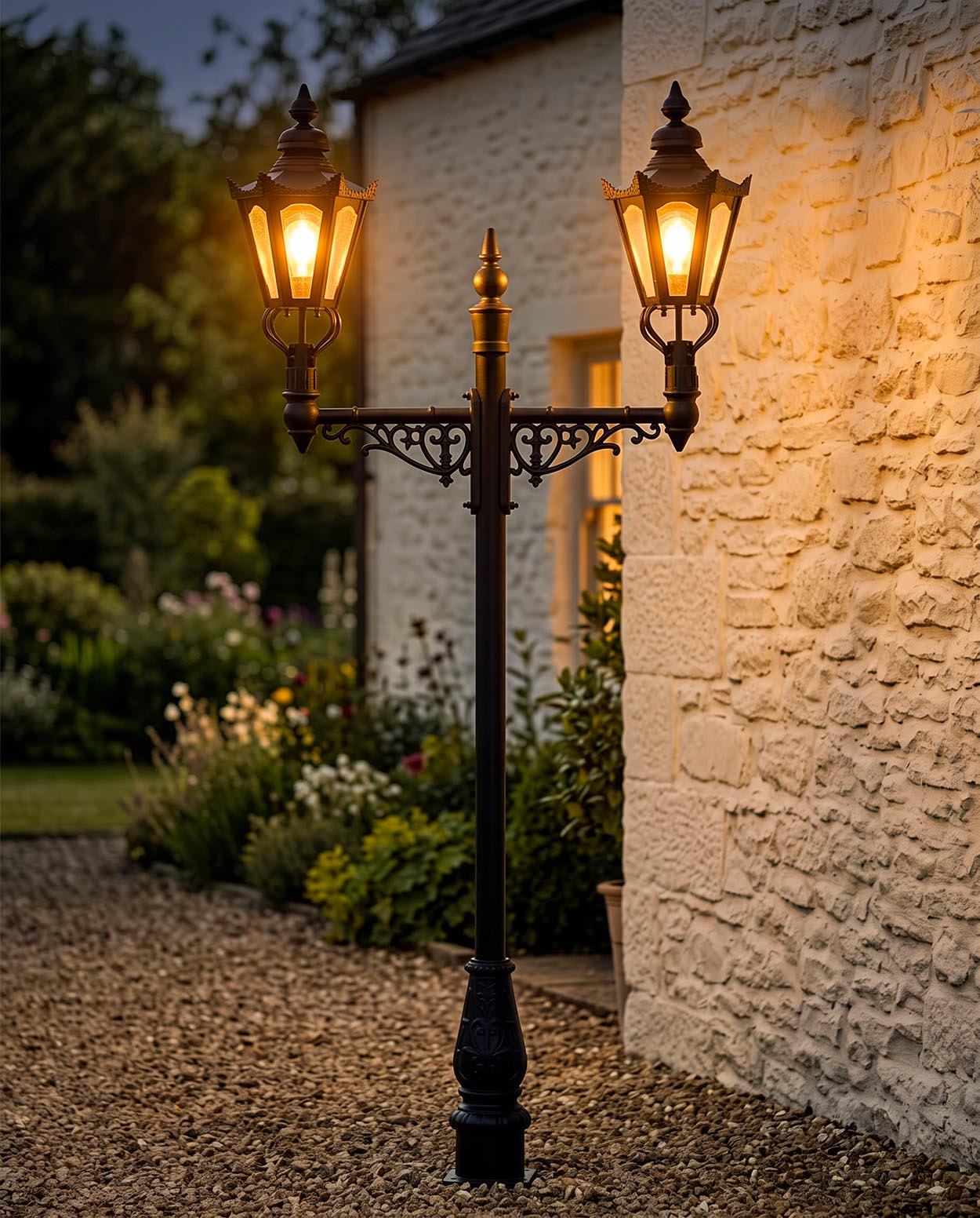 Double Headed Black Hexagonal Lamp Post