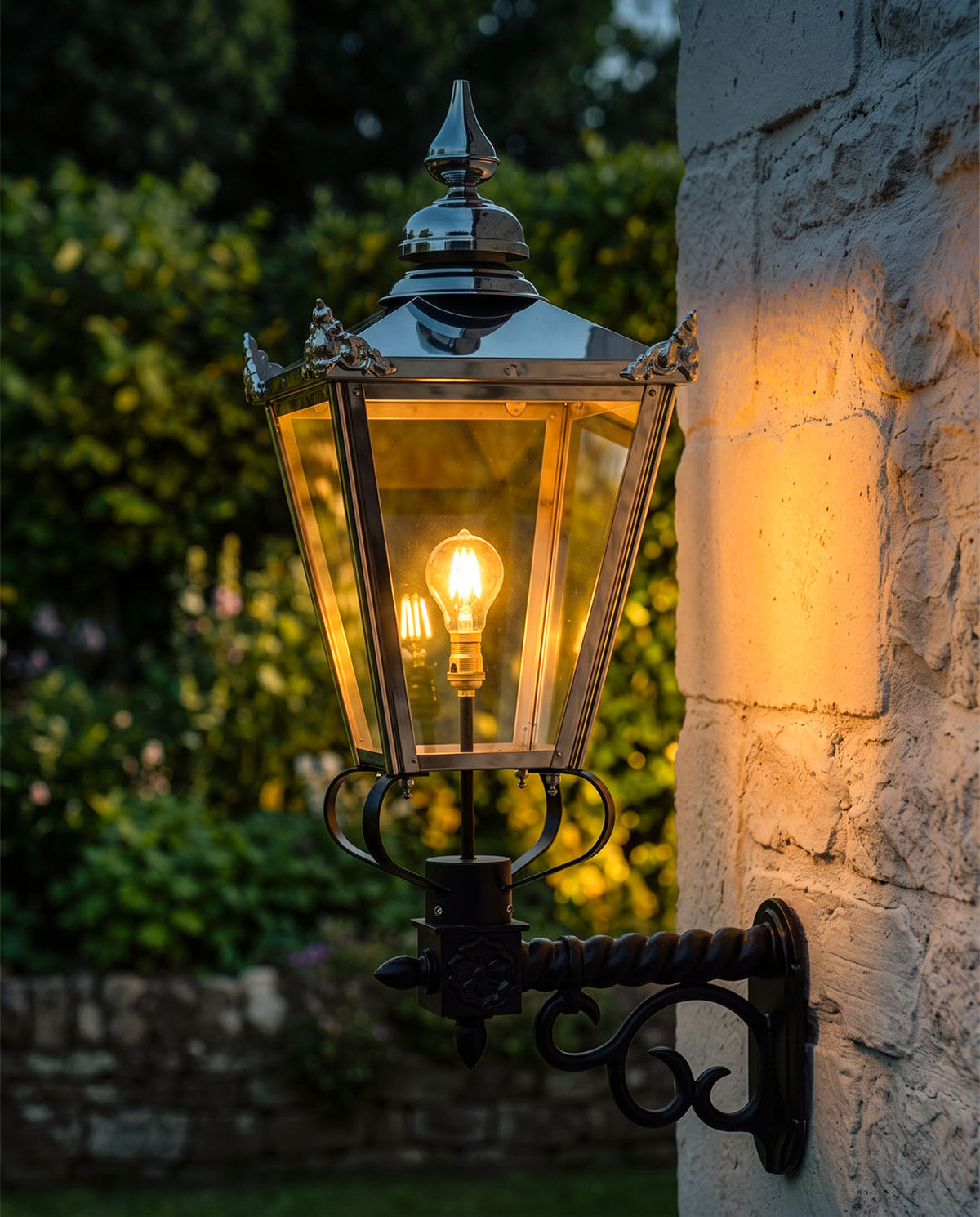 Polished Nickel Lantern and Royale Bracket Lighting Set Digital Illustration At Night 