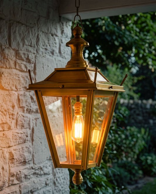 Antique Brass Hanging Dorchester Lantern On Chain Digital Illustration At Night 