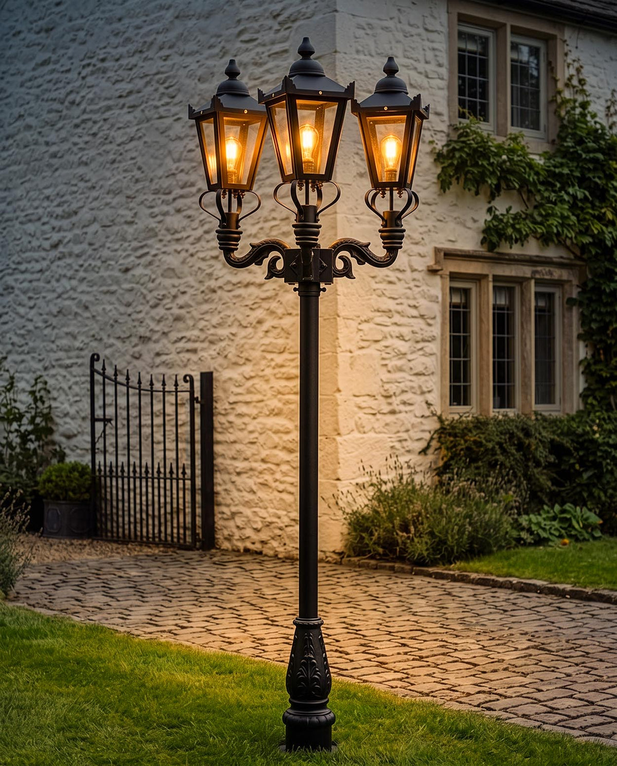 “Holyrood” 2.3m Triple Headed Black Victorian Lamp Post Digital Illustration At Night