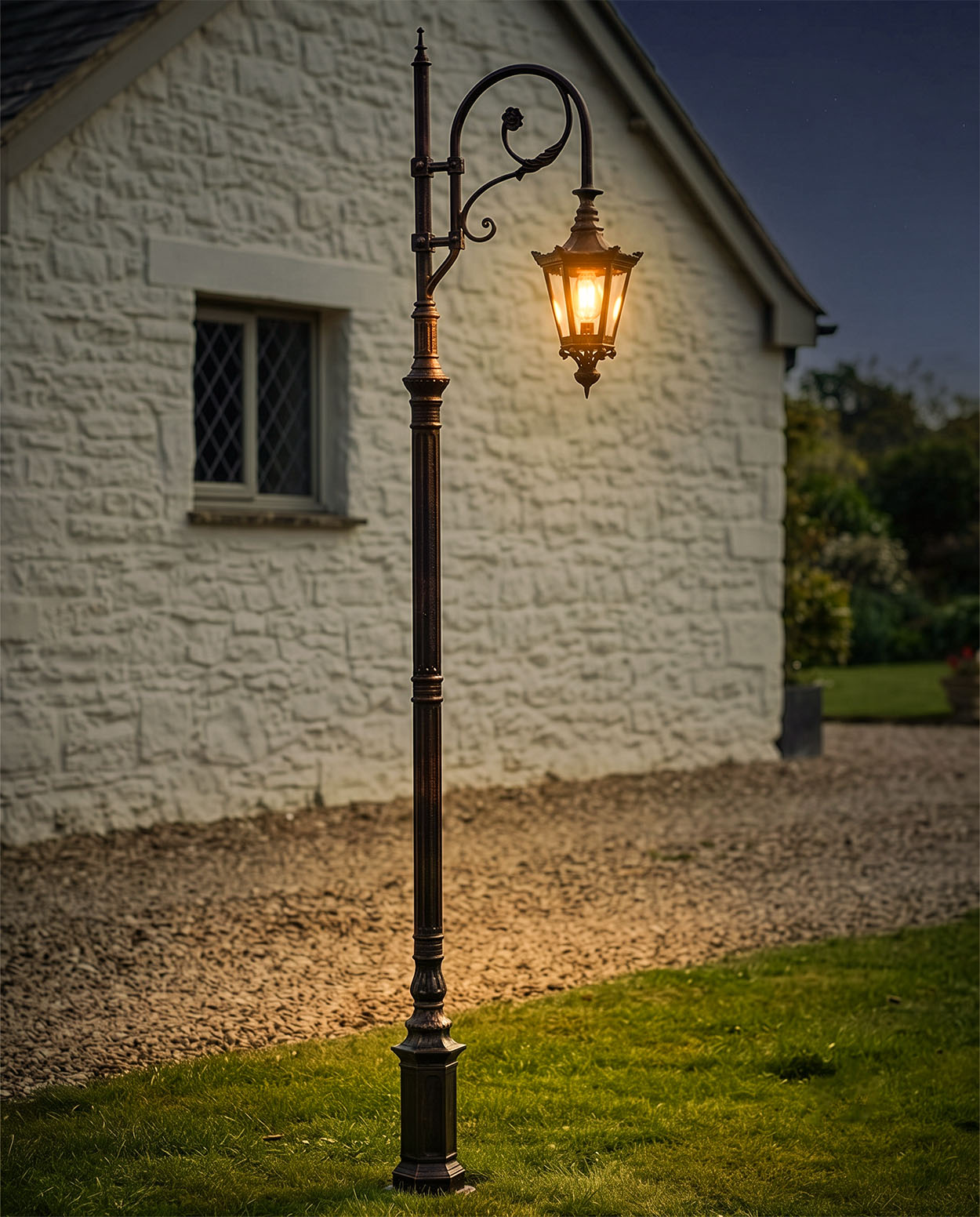 3.5m Antique Copper Traditional Swan Neck Lamp Post Digital Illustration At Night 