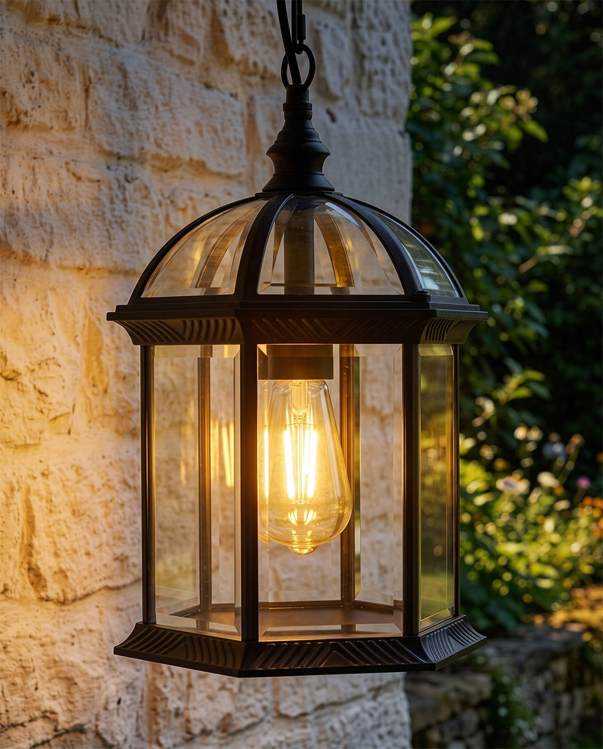 'Nesta' Black Chain Hanging Lantern Digital Illustration At Night