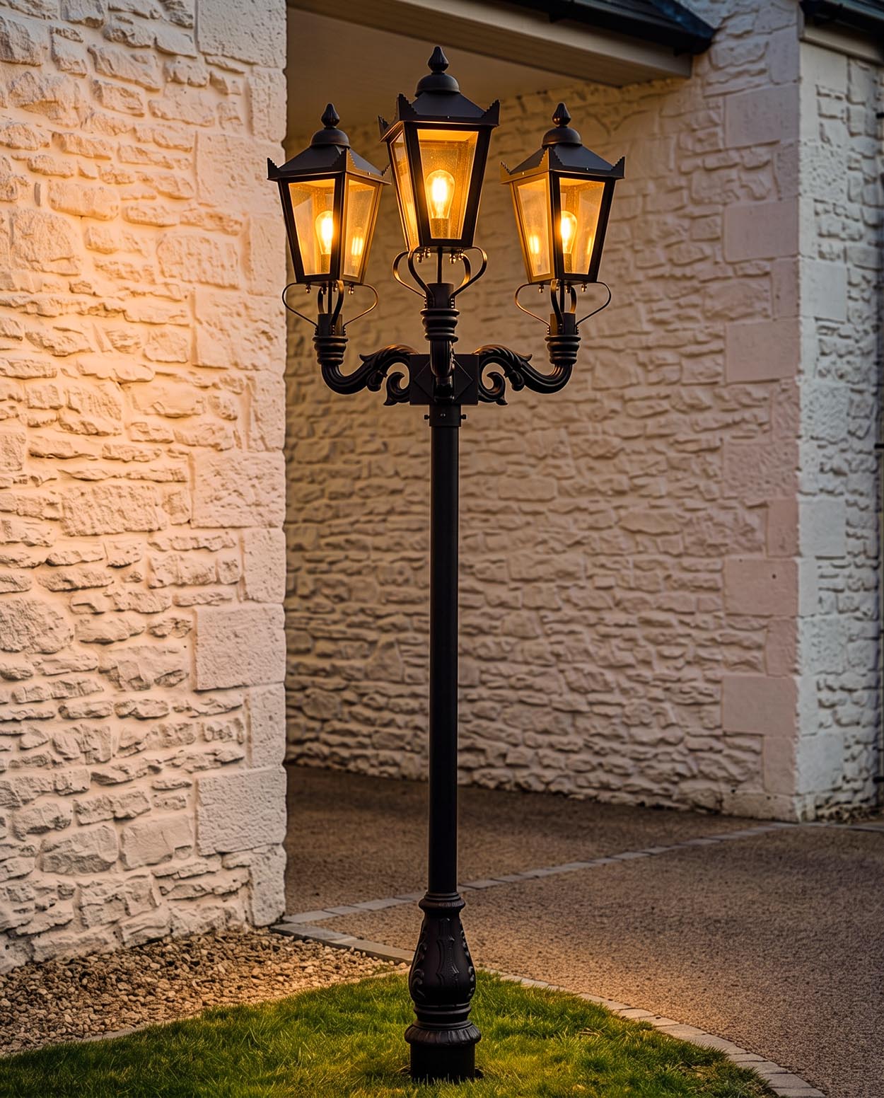 'St James' Three Headed Black Victorian Lantern and Lamp Post Digital Illustration at night