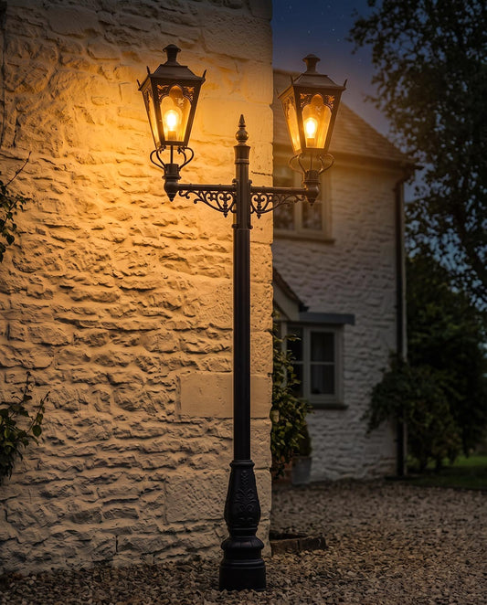 Black Double Head Gothic Garden Lamp Post Digital Illustration At Night